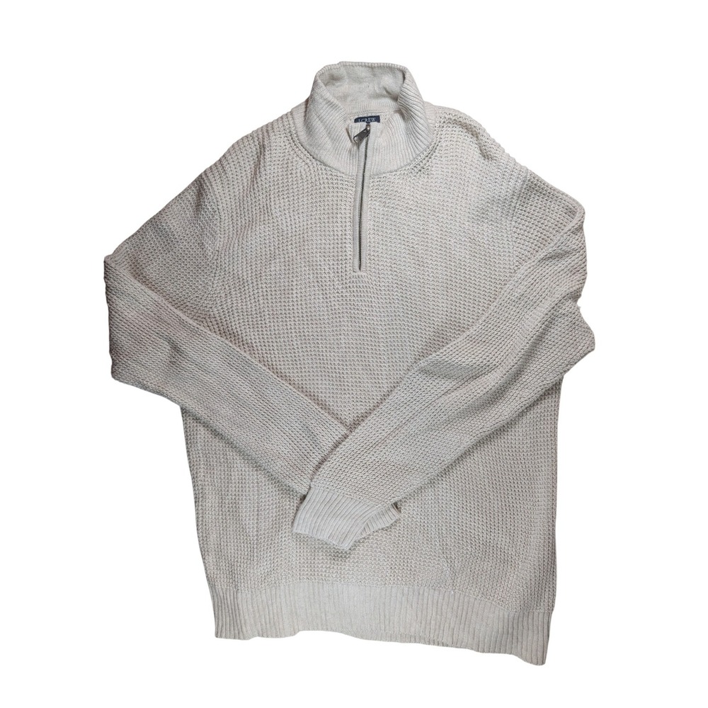 J.Crew Quarter Zip Sweater Mens Large Beige 100% Cotton Waffle Knit Mock Neck